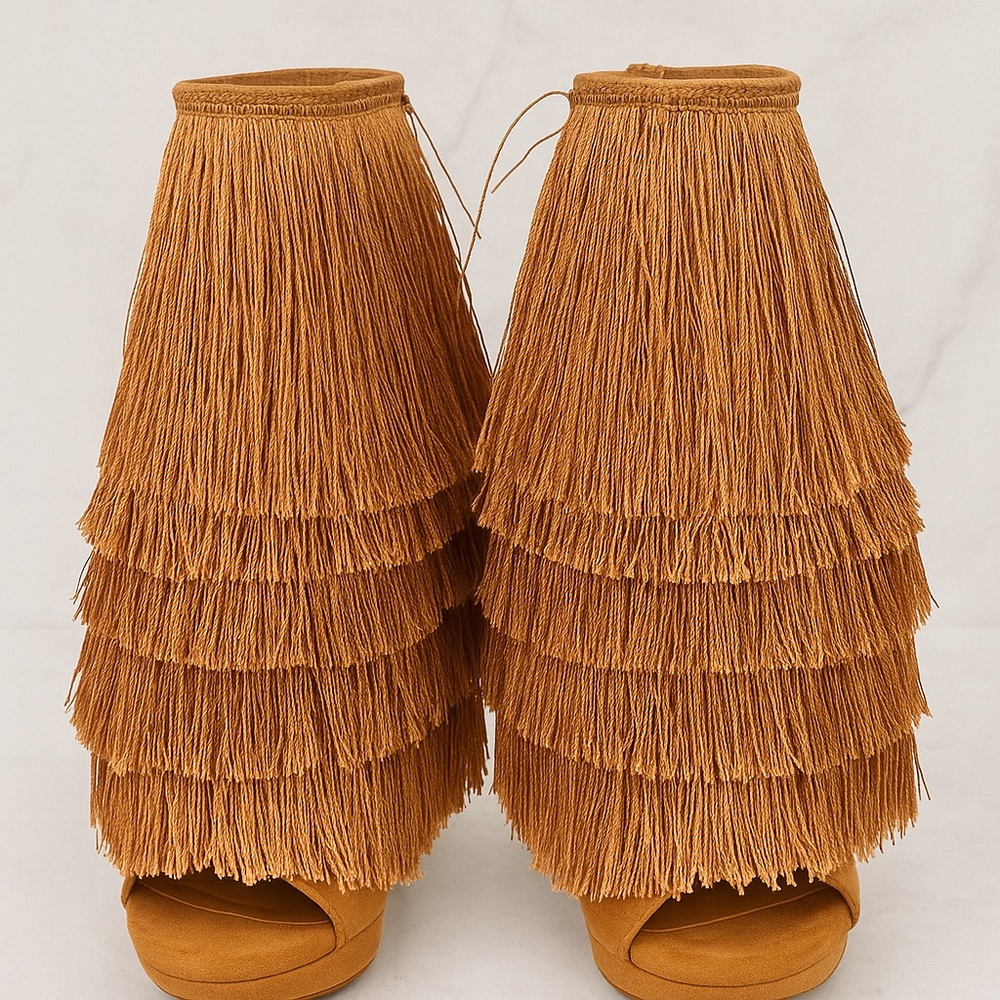 Tan Fringe High Heel Boots Suede Open Toe Layered Tassel Heels Size 6.5